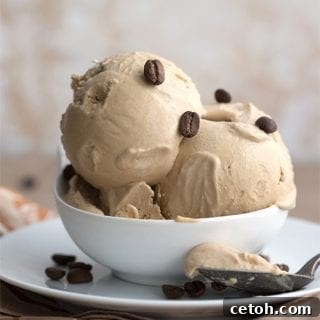 A bowl of keto coffee ice cream with coffee beans on a brown patterned napkin