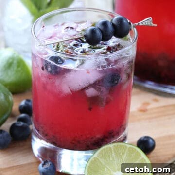 Slim Blueberry Mojito Delight 2 A blueberry keto mojitos on a wooden cutting board with limes, mint, and blueberries around it.