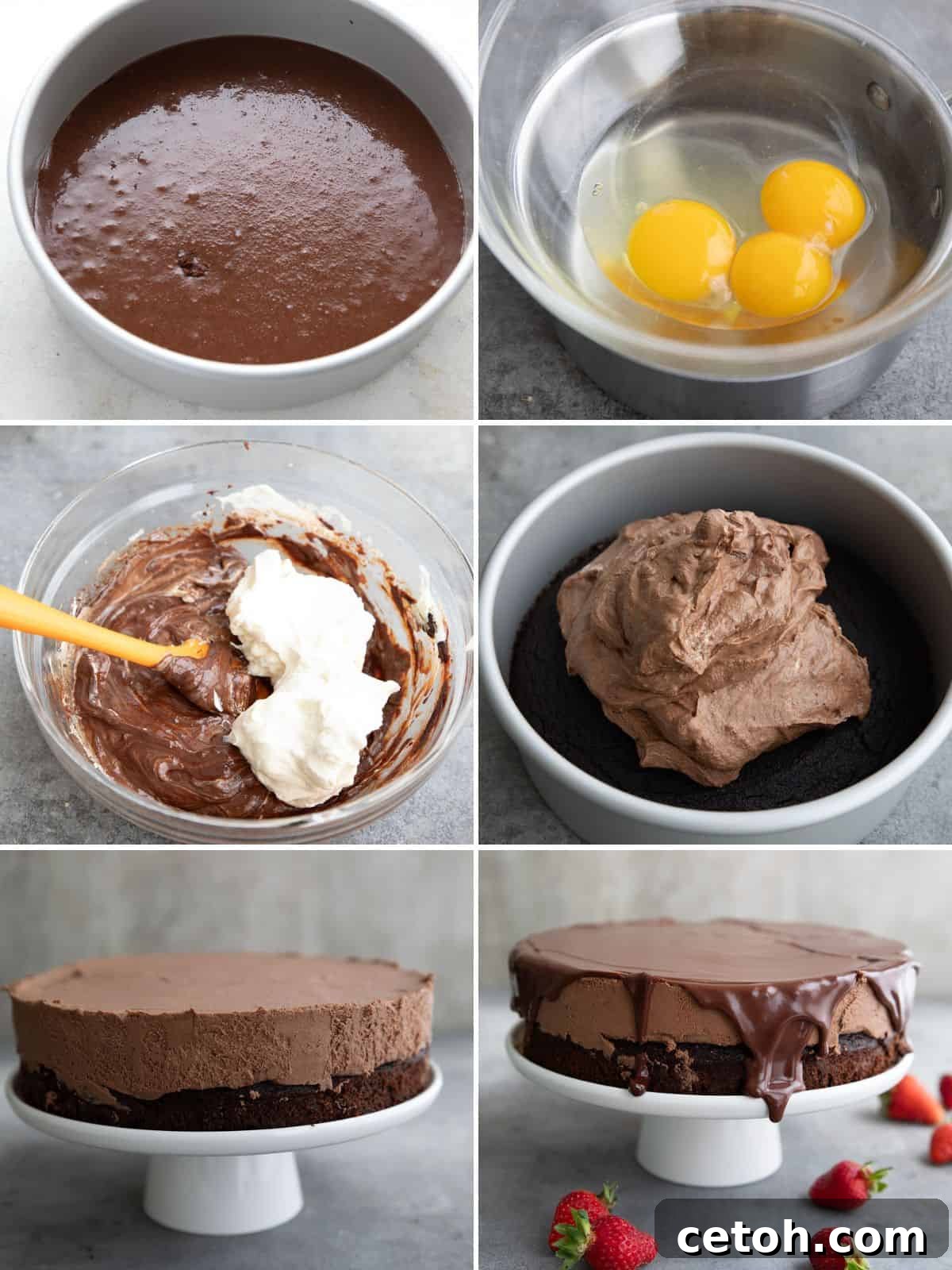 A collage of 6 images showing the steps for making keto chocolate mousse cake.