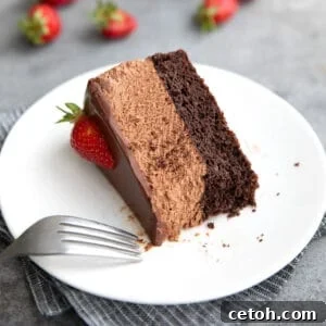 A slice of Keto Chocolate Mousse Cake on its side, on a white plate, with a forkful taken out of it.