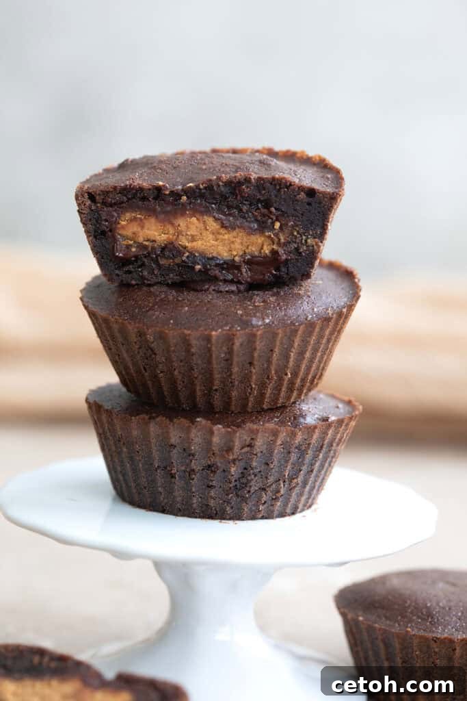 Low-Carb Keto Granola Recipe for Air Fryer (Crunchy & Fast) 12 Three keto peanut butter stuffed brownies on a white cupcake stand.