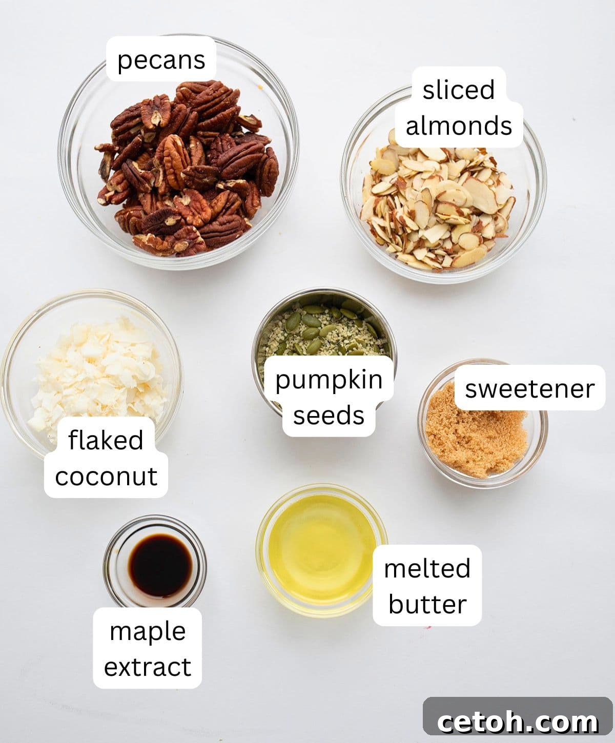 Low-Carb Keto Granola Recipe for Air Fryer (Crunchy & Fast) 4 Top down image of ingredients for Keto Air Fryer Granola.