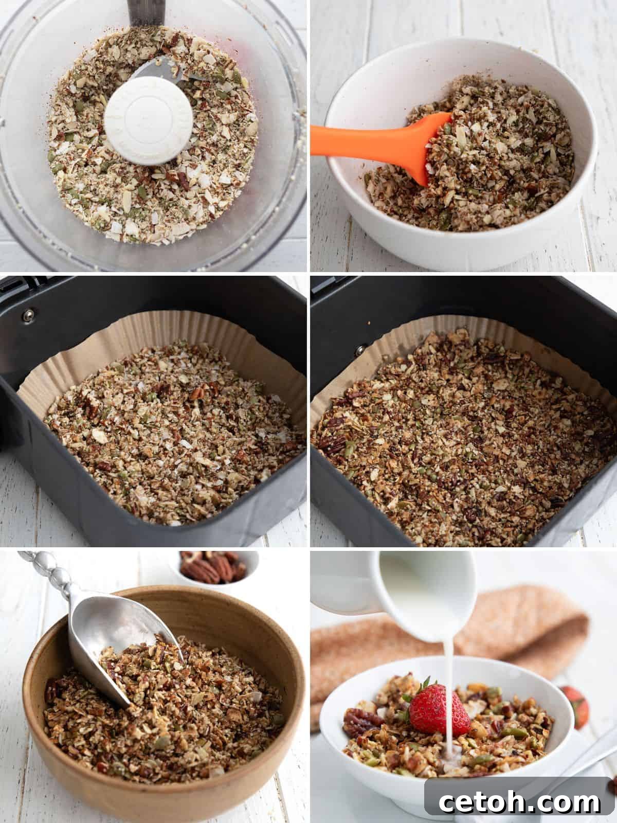 Low-Carb Keto Granola Recipe for Air Fryer (Crunchy & Fast) 5 A collage of 6 images showing the steps for making Keto Air Fryer Granola.