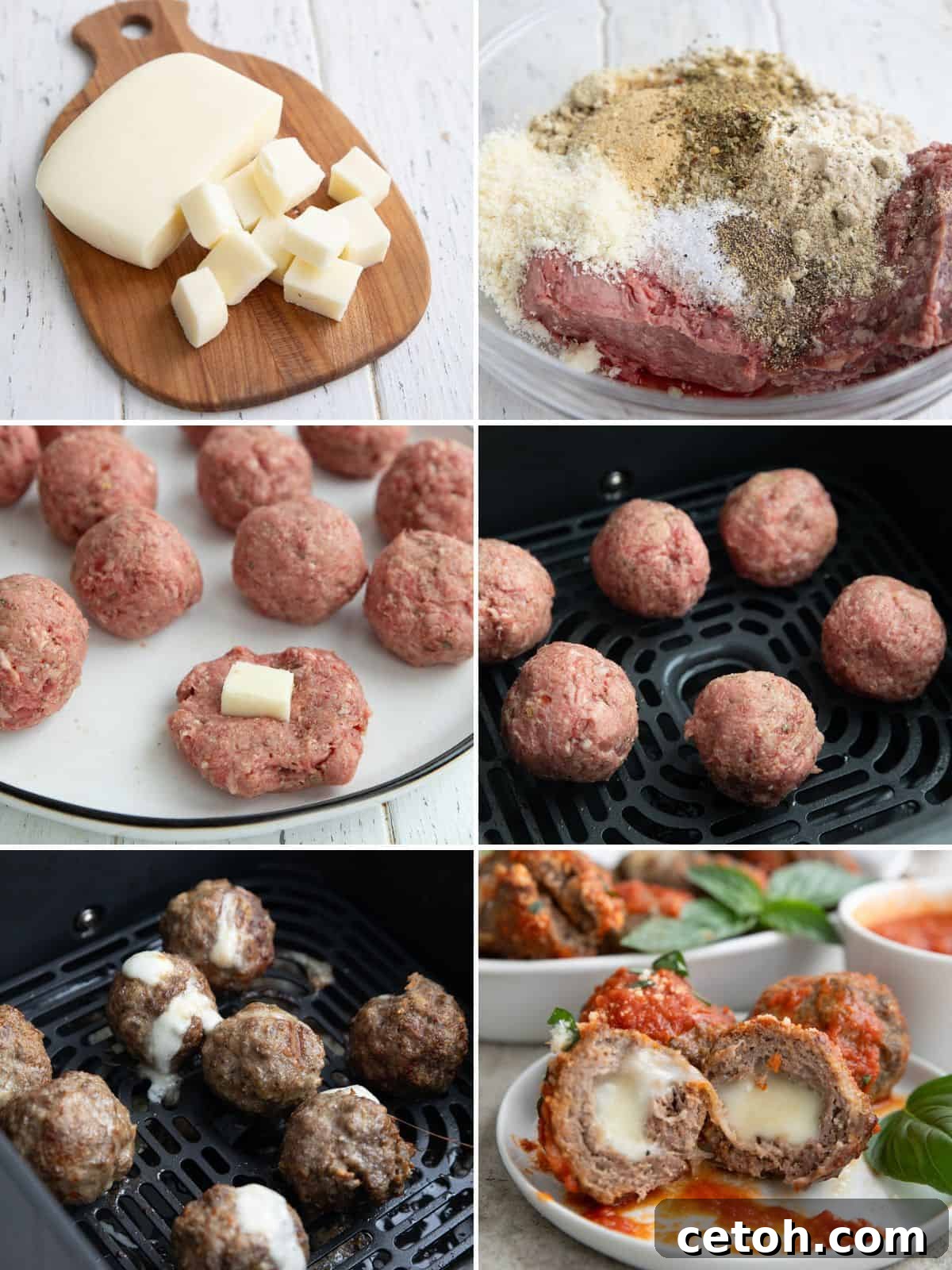 A collage of 6 images showing the steps for making keto stuffed meatballs in the air fryer.