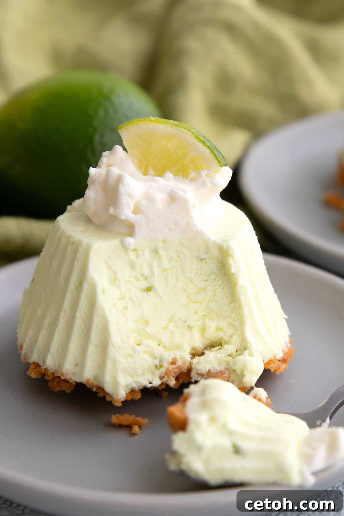 A Keto Frozen Key Lime Pie on a small gray plate with whipped cream and a lime slice on top, and a spoonful taken out of it.