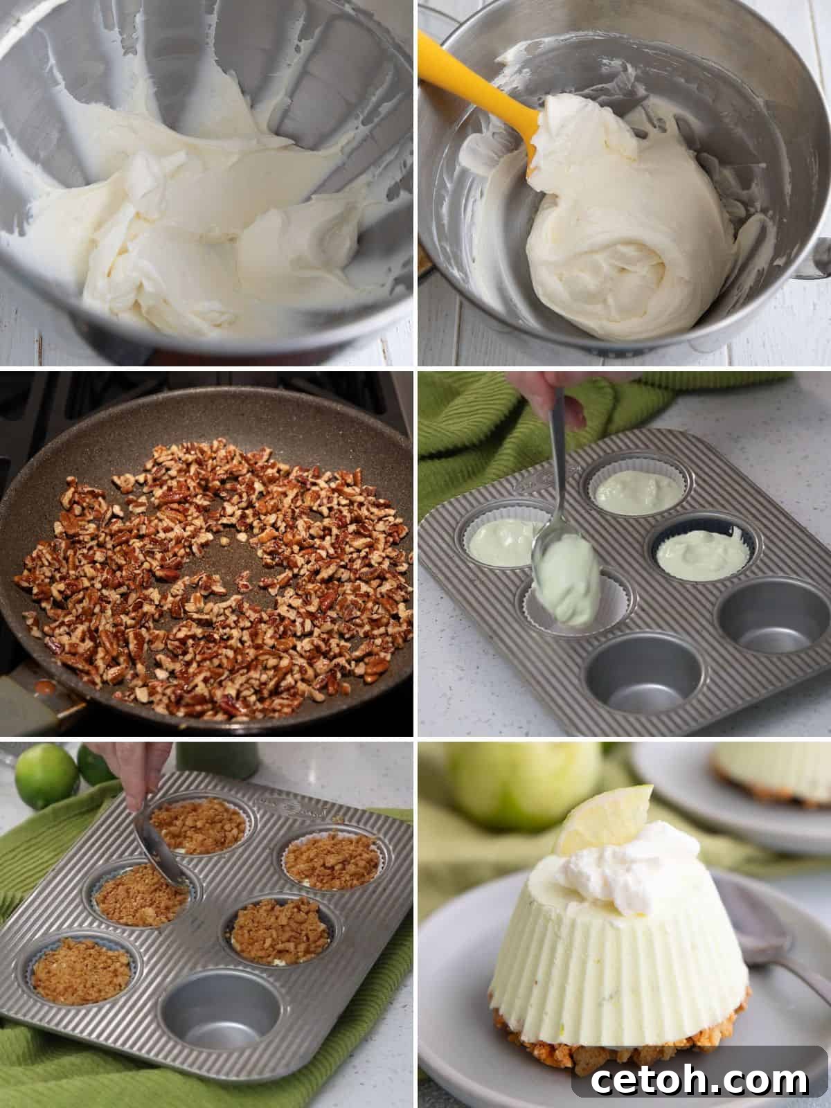 A collage of 6 images showing the steps for making Keto Frozen Key Lime Pies.