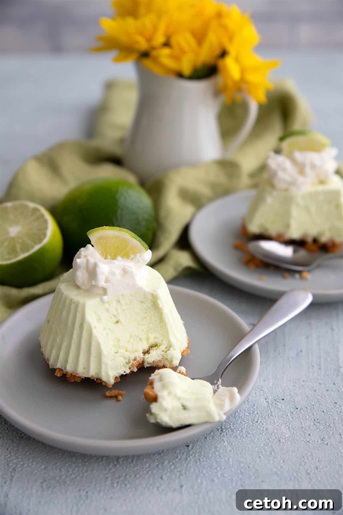 Two mini frozen key lime pies on small gray plates with spoonfuls taken out of them, and a small vase of yellow flowers in the background.