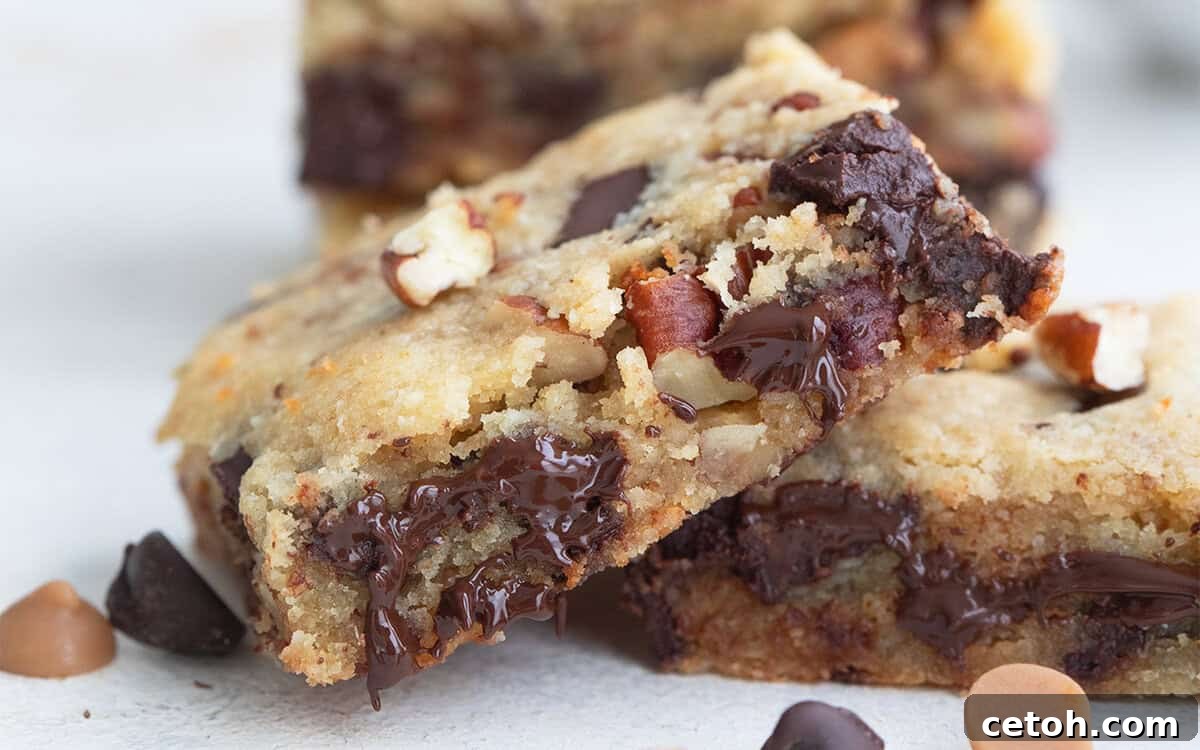 Chocolate Chip Keto Cookie Bars Loaded with Nuts 3 Close up shot of a keto cookie bar with melty chocolate chips and chopped pecans.