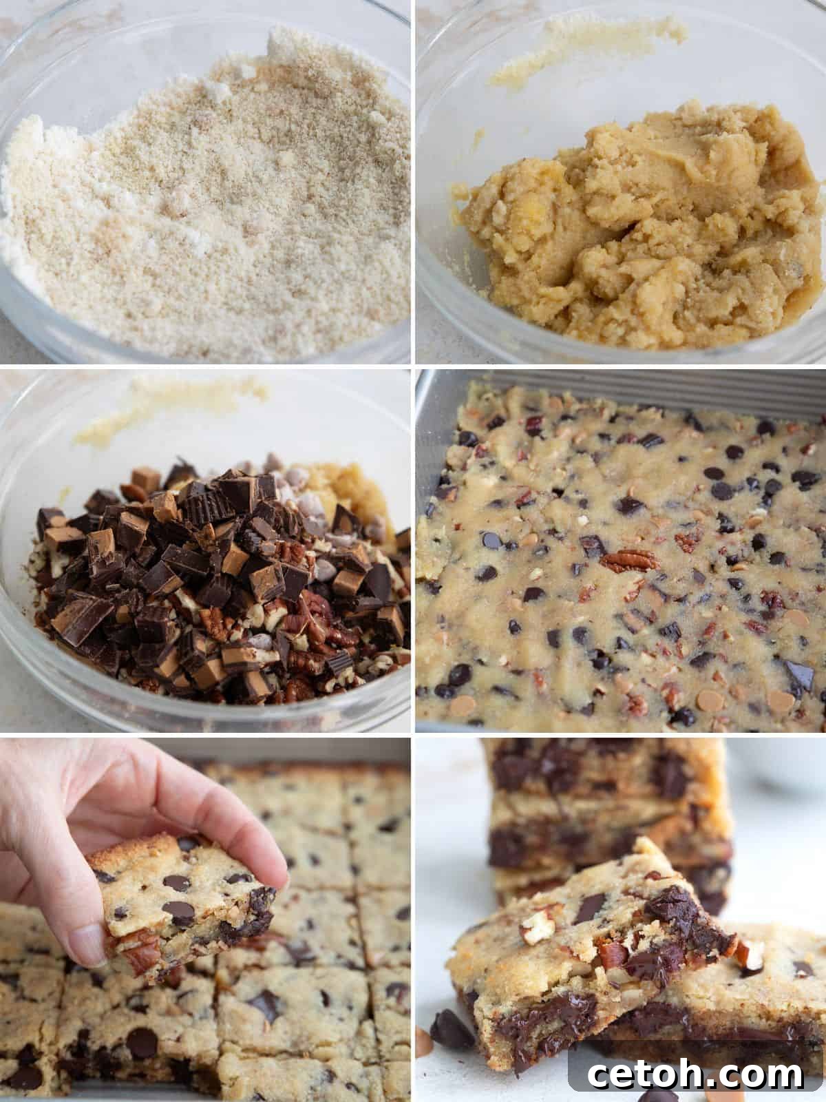 Chocolate Chip Keto Cookie Bars Loaded with Nuts 5 A collage of 6 images showing the steps for making loaded keto cookie bars.