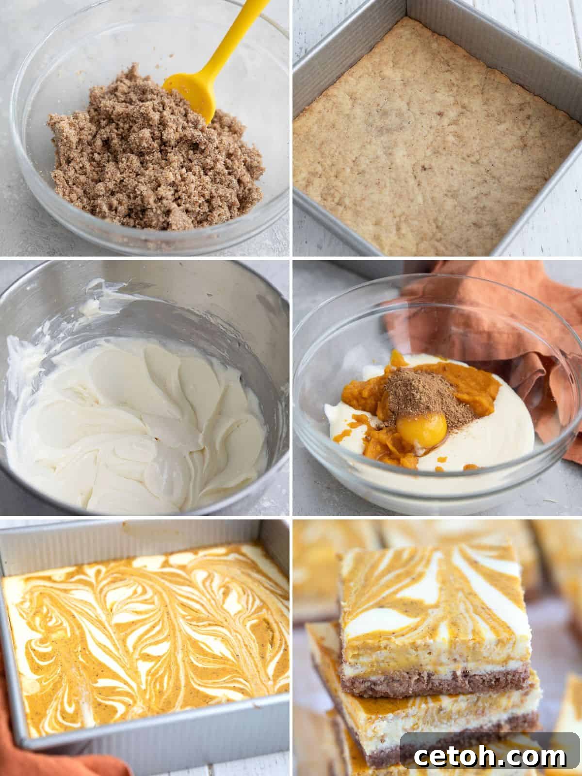 Keto Pumpkin Swirl Cheesecake Bars 4 A collage of steps for making keto pumpkin cheesecake bars.